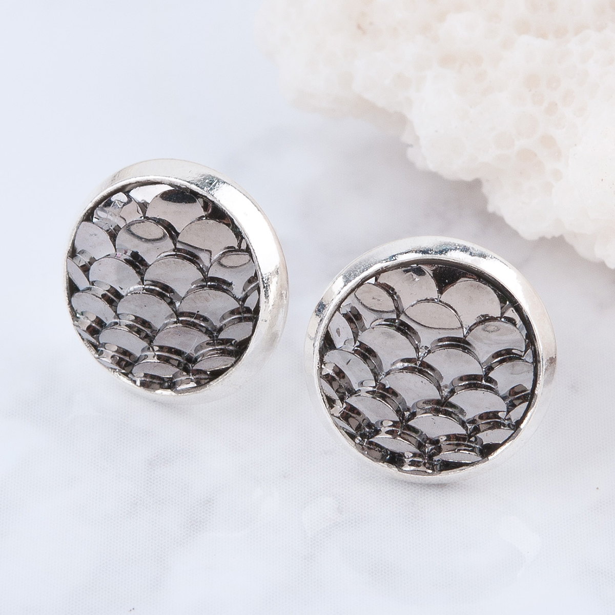 Picture of Brass & Resin Mermaid Fish/ Dragon Scale Ear Post Stud Earrings Round Silver Plated Gunmetal W/ Stoppers 15mm( 5/8") x 12mm( 4/8"), Post/ Wire Size: (21 gauge), 1 Pair