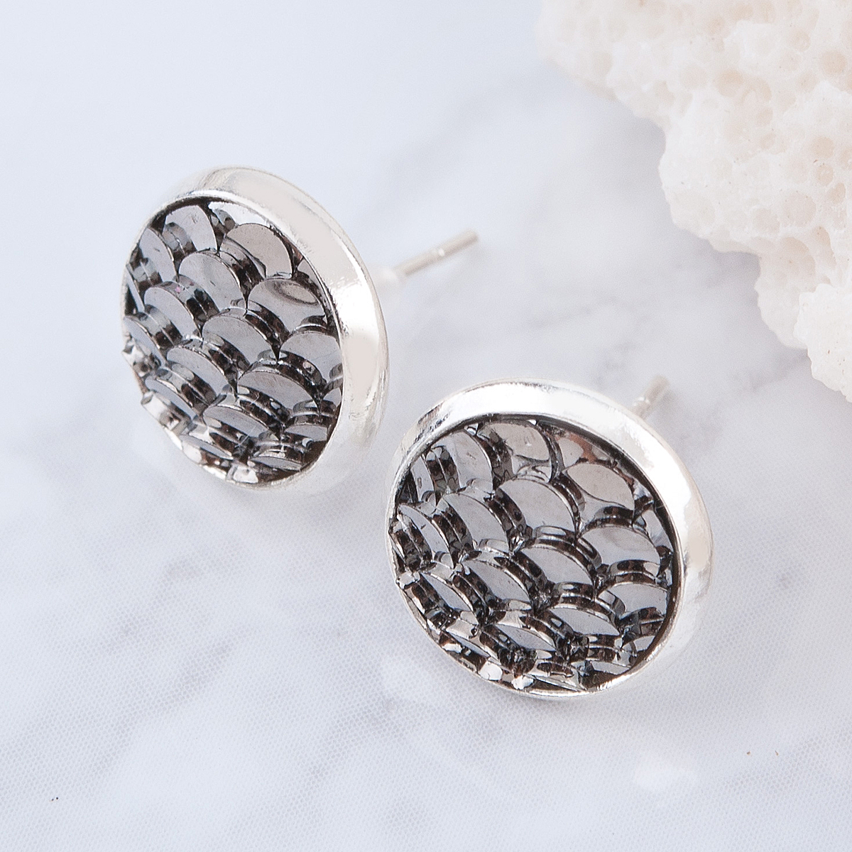 Picture of Brass & Resin Mermaid Fish/ Dragon Scale Ear Post Stud Earrings Round Silver Plated Gunmetal W/ Stoppers 15mm( 5/8") x 12mm( 4/8"), Post/ Wire Size: (21 gauge), 1 Pair