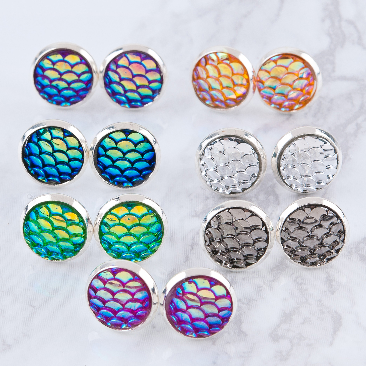 Picture of Brass & Resin Mermaid Fish/ Dragon Scale Ear Post Stud Earrings Round Silver Plated Gunmetal W/ Stoppers 15mm( 5/8") x 12mm( 4/8"), Post/ Wire Size: (21 gauge), 1 Pair