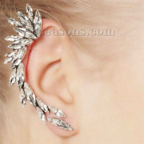 Picture of Ear Cuff Wrap Earrings Clip On Stud For Right Ear Silver Tone Clear Rhinestone W/ Stoppers 68mm(2 5/8") x 21mm( 7/8"), Post/ Wire Size: (20 gauge), 1 Piece