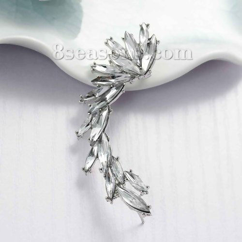 Picture of Ear Cuff Wrap Earrings Clip On Stud For Right Ear Silver Tone Clear Rhinestone W/ Stoppers 68mm(2 5/8") x 21mm( 7/8"), Post/ Wire Size: (20 gauge), 1 Piece