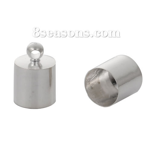 Picture of Brass Cord End Caps For Jewelry Necklace Bracelet Cylinder Silver Plated (Fits 7.5mm( 2/8") Cord) 12mm( 4/8") x 8mm( 3/8"), 20 PCs