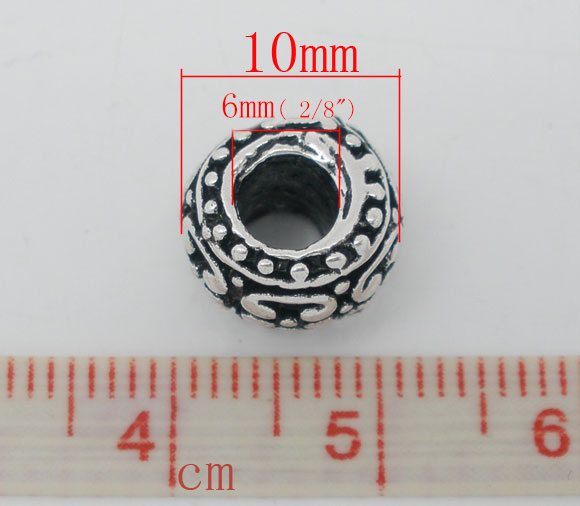 Picture of 20 PCs Zinc Based Alloy European Style Large Hole Charm Beads Antique Silver Color Round Carved Pattern 10mm x 8mm, Hole: Approx 6mm