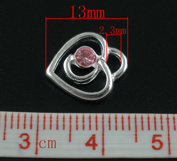 Imagen de Colgantes Aleación + Brillantito de Corazón Argentado Rhinestone Rosa 13.0mm x 12.0mm, 20 Unidades 