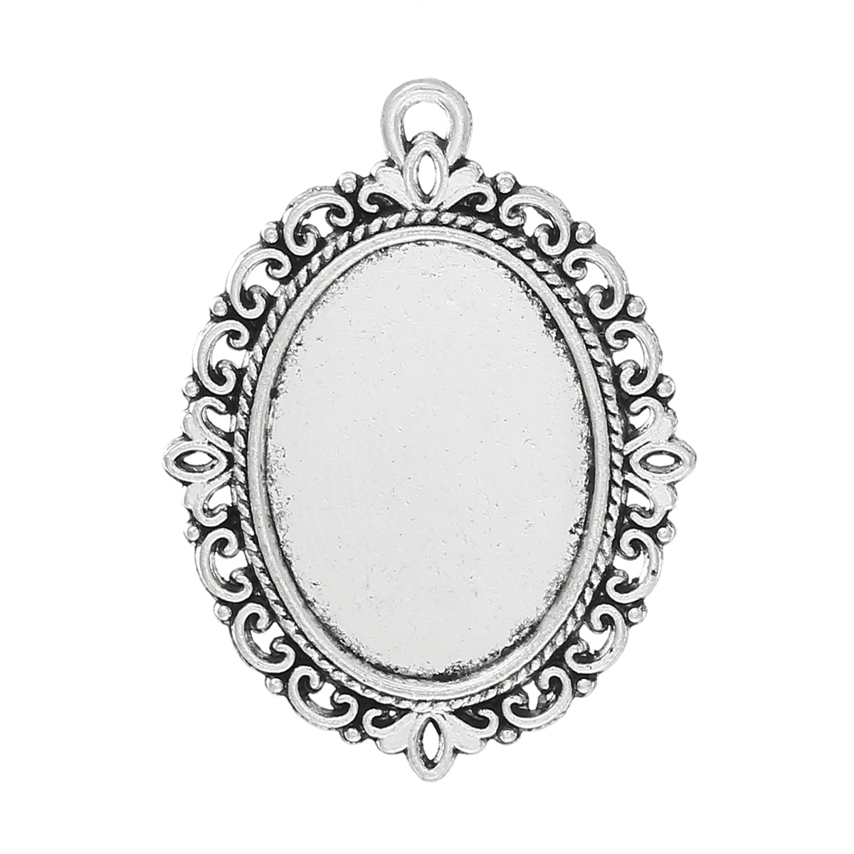 Picture of 10 PCs Zinc Based Alloy Cabochon Settings Pendants Oval Antique Silver Color (Fits 25mmx18mm) 39mm x 29mm