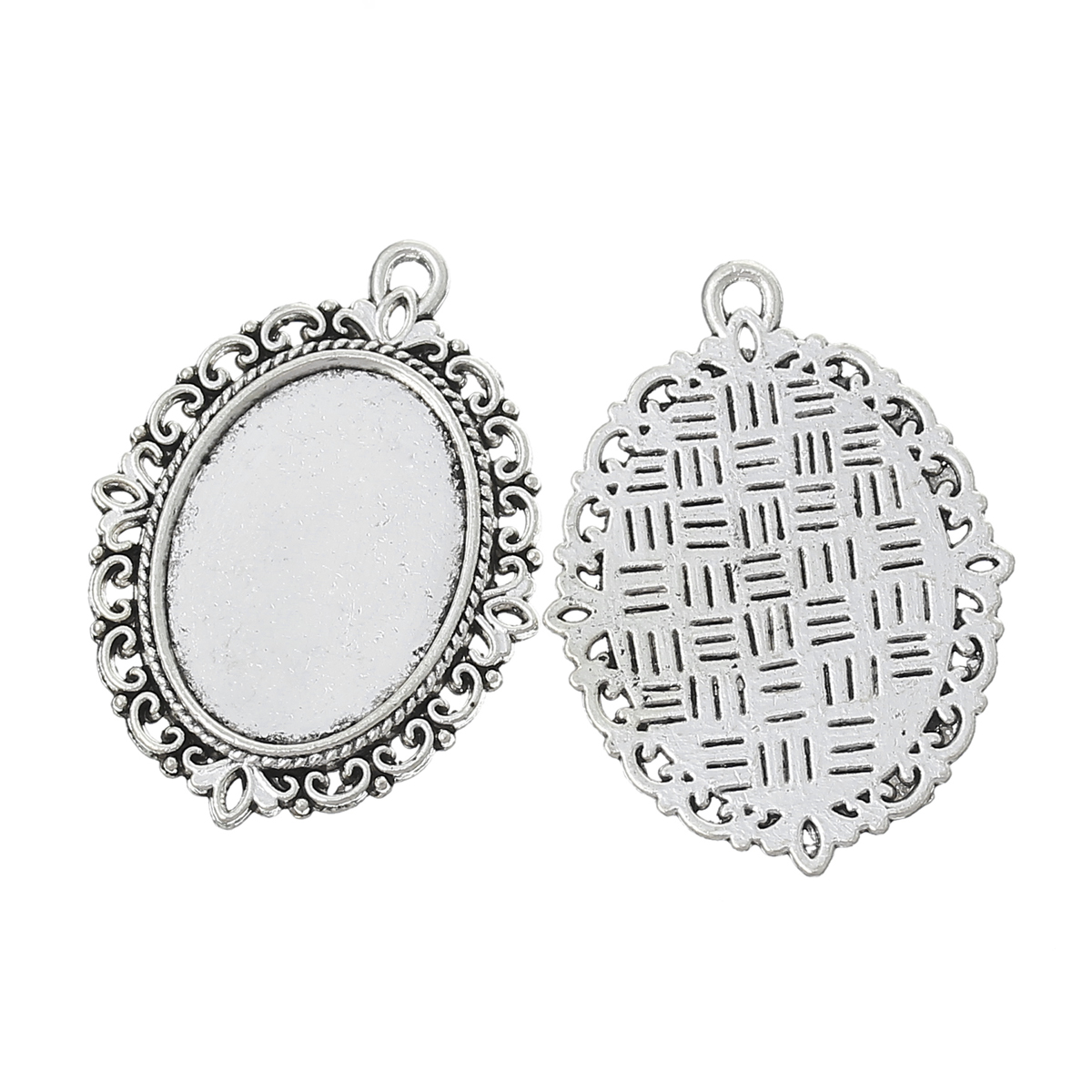 Picture of 10 PCs Zinc Based Alloy Cabochon Settings Pendants Oval Antique Silver Color (Fits 25mmx18mm) 39mm x 29mm