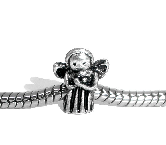 Picture of 20 PCs Zinc Based Alloy Religious European Style Large Hole Charm Beads Antique Silver Color Angel 12mm x 10mm, Hole: Approx 4.7mm