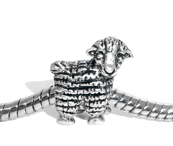 Picture of 20 PCs Zinc Based Alloy Easter Day European Style Large Hole Charm Beads Antique Silver Color Sheep Animal 3D 15mm x 12mm, Hole: Approx 4.5mm