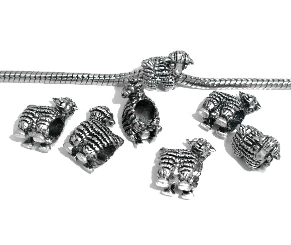 Picture of 20 PCs Zinc Based Alloy Easter Day European Style Large Hole Charm Beads Antique Silver Color Sheep Animal 3D 15mm x 12mm, Hole: Approx 4.5mm