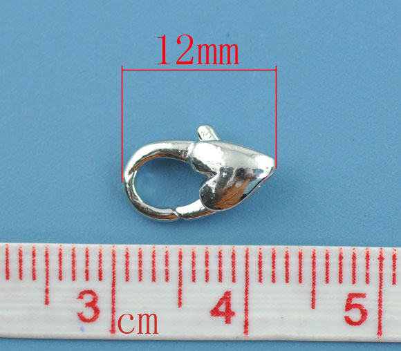 Picture of Zinc Based Alloy Lobster Clasps Heart Silver Tone 12mm x 7mm, 30 PCs