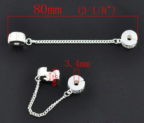 Picture of Copper Safety Chains Fit European Style Charm Bracelet Necklace Silver Plated With Round Pattern Carved Snap Clasps 80mm long, 5 PCs