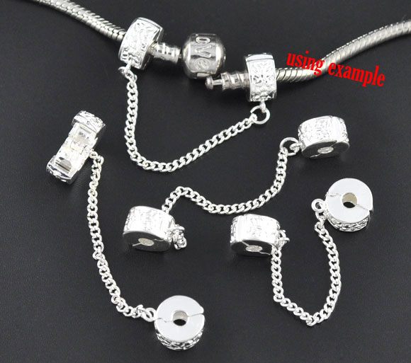Picture of Copper Safety Chains Fit European Style Charm Bracelet Necklace Silver Plated With Round Pattern Carved Snap Clasps 80mm long, 5 PCs