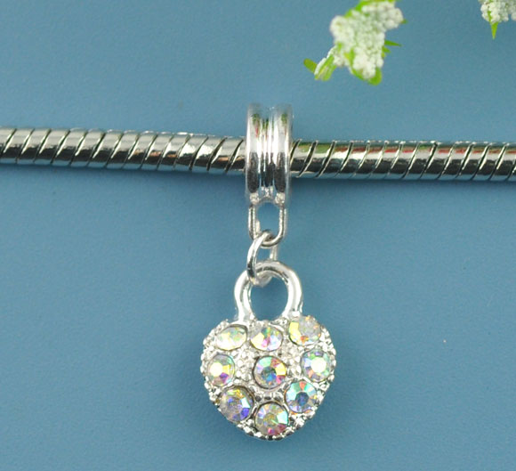 Изображение Подвески-Бусины 26mm x 10mm，“Сердце”，с Прозрачными AB Фианитами ，Посеребренные，Годные для пандора，Проданные 10 шт/уп