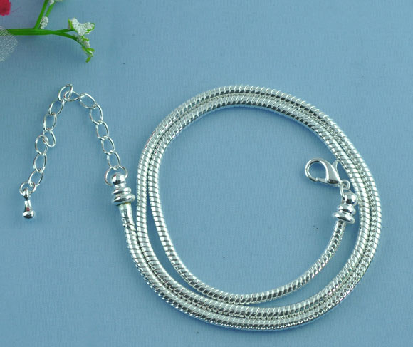 Picture of Copper European Style Snake Chain Charm Necklace Silver Plated With Lobster Claw Clasp And Extender Chain 45cm long, 2 PCs