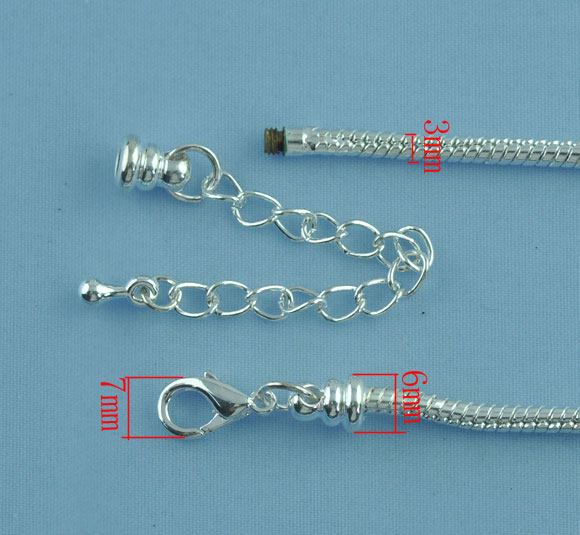 Picture of Copper European Style Snake Chain Charm Necklace Silver Plated With Lobster Claw Clasp And Extender Chain 45cm long, 2 PCs
