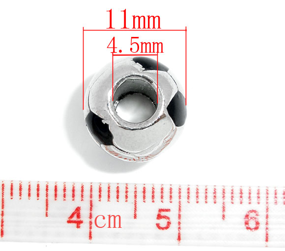 Picture of Zinc Metal Alloy European Style Large Hole Charm Beads Football Silver Tone Black Enamel About 11mm Dia, Hole: Approx 4.5mm, 10 PCs