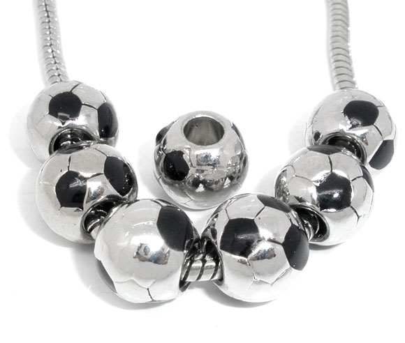 Picture of Zinc Metal Alloy European Style Large Hole Charm Beads Football Silver Tone Black Enamel About 11mm Dia, Hole: Approx 4.5mm, 10 PCs