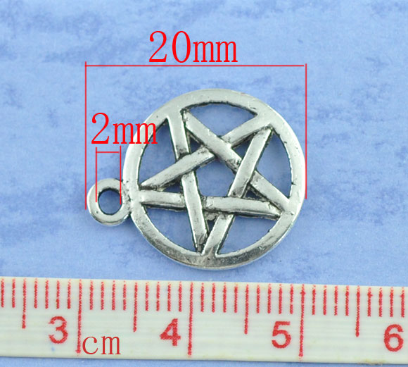Picture of Zinc Based Alloy Pentacle Pentagram Charms Round Antique Silver Color 20mm( 6/8") x 17mm( 5/8"), 50 PCs