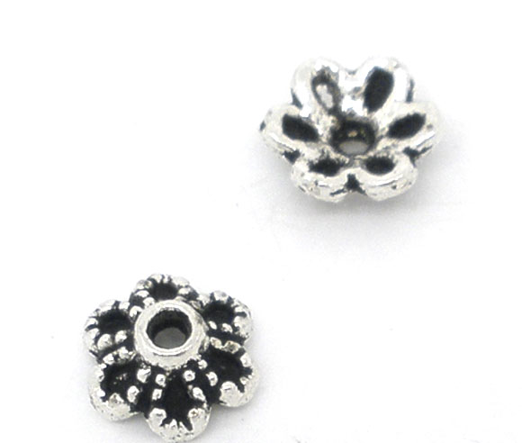Picture of Zinc Based Alloy Beads Caps Flower Antique Silver Color (Fits 8mm-12mm Beads) 6mm x 2.8mm, 300 PCs