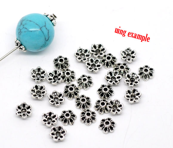 Picture of Zinc Based Alloy Beads Caps Flower Antique Silver Color (Fits 8mm-12mm Beads) 6mm x 2.8mm, 300 PCs