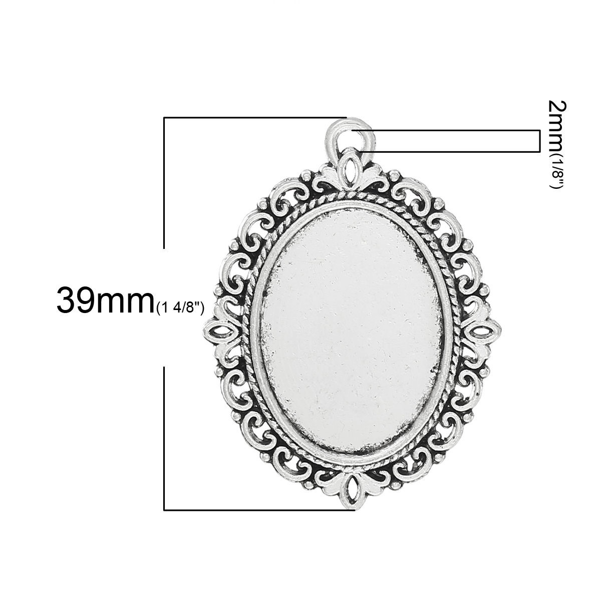 Picture of 10 PCs Zinc Based Alloy Cabochon Settings Pendants Oval Antique Silver Color (Fits 25mmx18mm) 39mm x 29mm