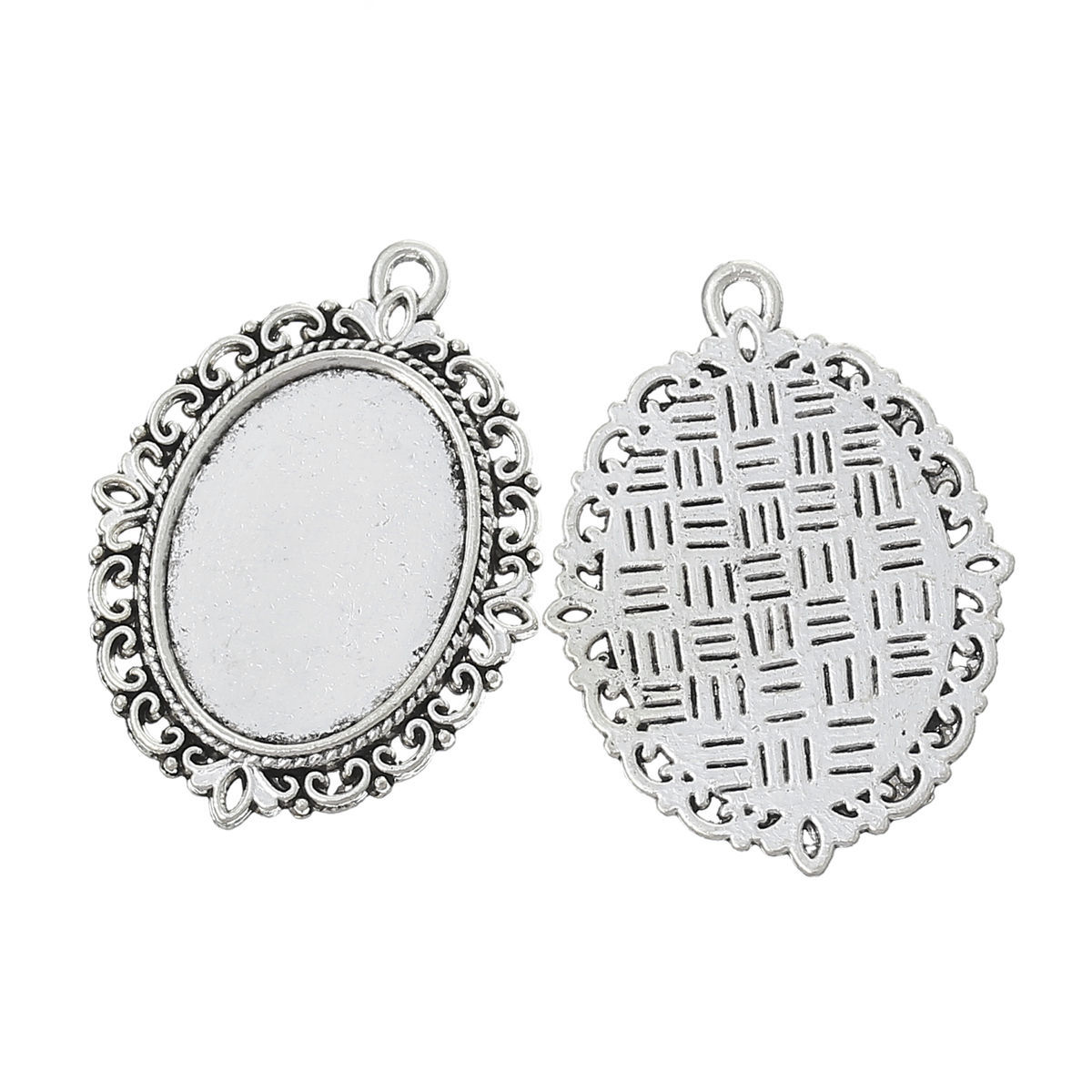 Picture of 10 PCs Zinc Based Alloy Cabochon Settings Pendants Oval Antique Silver Color (Fits 25mmx18mm) 39mm x 29mm
