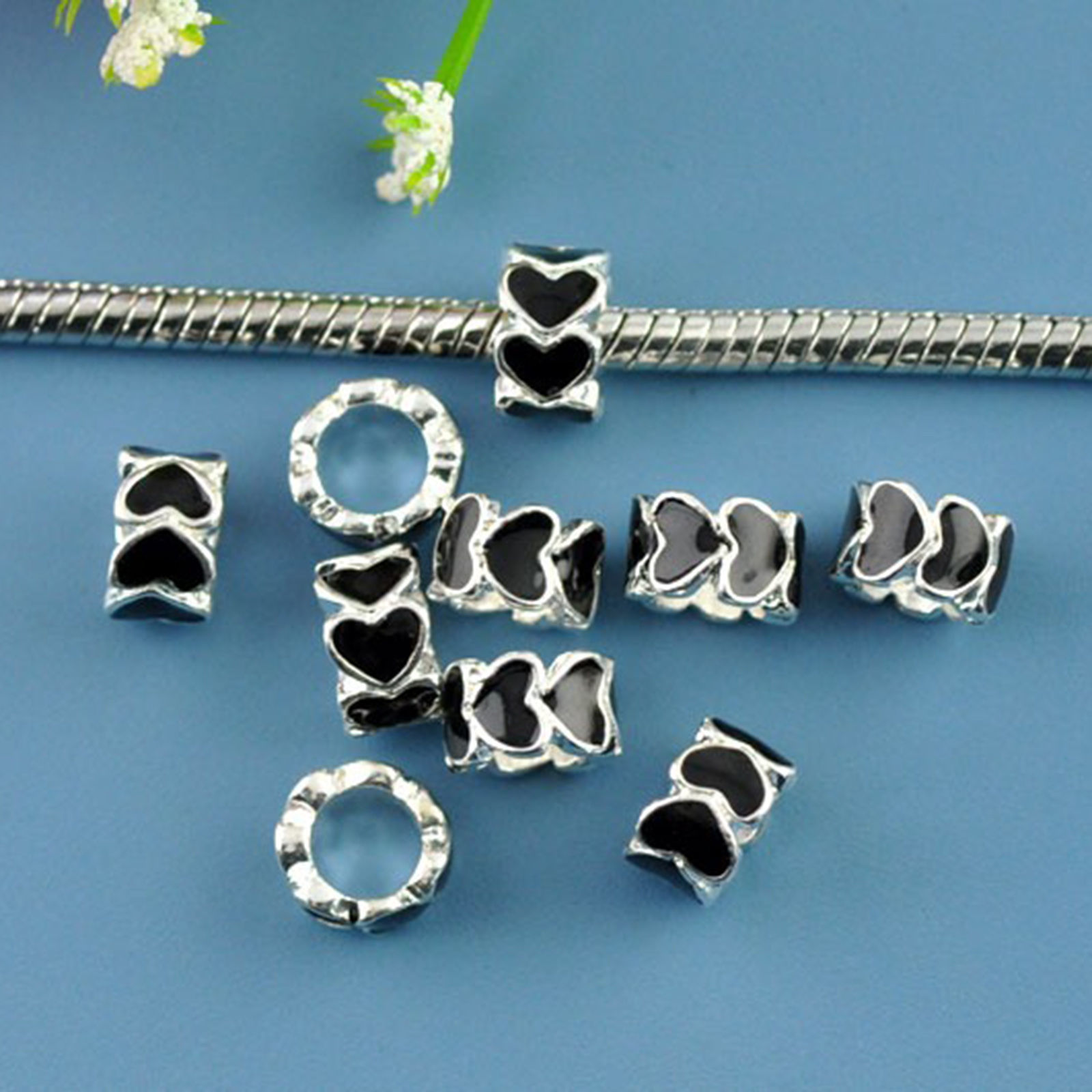Picture of 2 PCs Zinc Based Alloy Valentine's Day European Style Large Hole Charm Beads Silver Plated Black Round Heart Enamel 8mm x 5mm, Hole: Approx 5mm