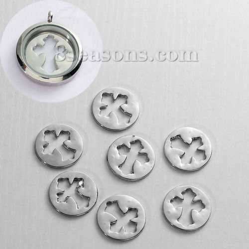 Picture of Zinc Based Alloy Floating Plates For Glass Locket Round Silver Tone Cross Carved Hollow 22mm( 7/8") Dia., 10 PCs