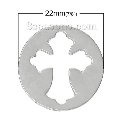 Picture of Zinc Based Alloy Floating Plates For Glass Locket Round Silver Tone Cross Carved Hollow 22mm( 7/8") Dia., 10 PCs