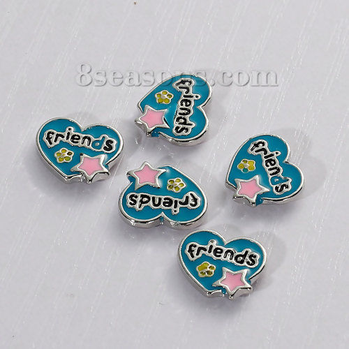 Picture of Zinc Based Alloy Floating Charms For Glass Locket Heart Silver Tone Pentagram Star Message " friends " Carved Multicolor Enamel 13mm( 4/8") x 11mm( 3/8"), 5 PCs