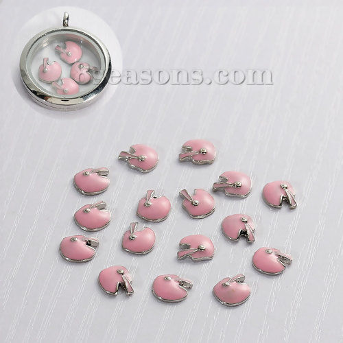 Picture of Zinc Based Alloy Floating Charms For Glass Locket Helmet Silver Tone Pink Enamel 9mm( 3/8") x 7mm( 2/8"), 5 PCs