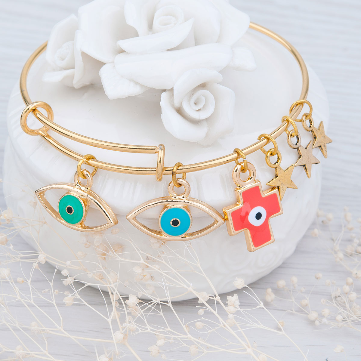 Picture of Stainless Steel Expandable Bangles Bracelets Double Bar Gold Plated Multicolor Enamel Evil Eye Cross Pentagram Star 21cm(8 2/8") long, 1 Piece