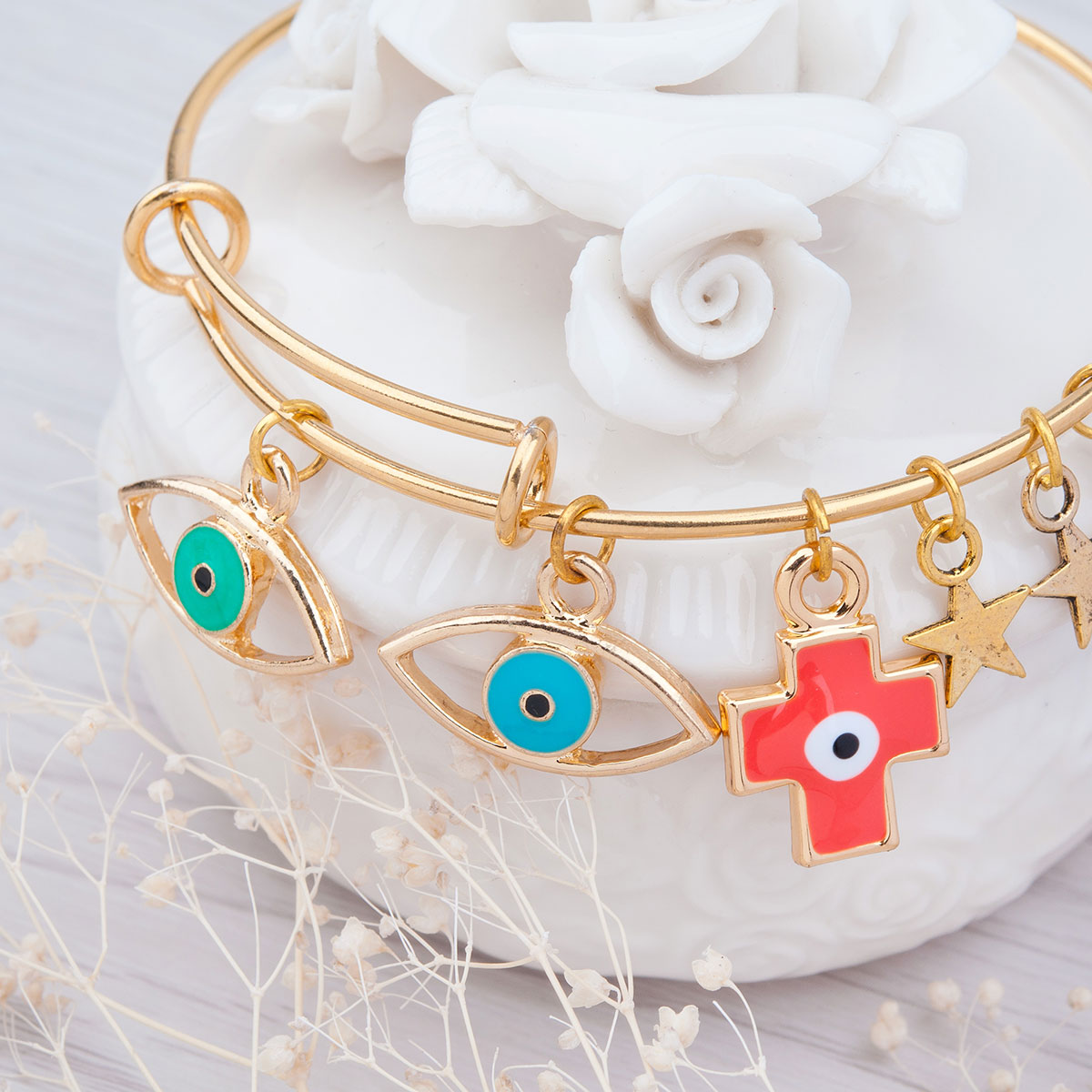 Picture of Stainless Steel Expandable Bangles Bracelets Double Bar Gold Plated Multicolor Enamel Evil Eye Cross Pentagram Star 21cm(8 2/8") long, 1 Piece