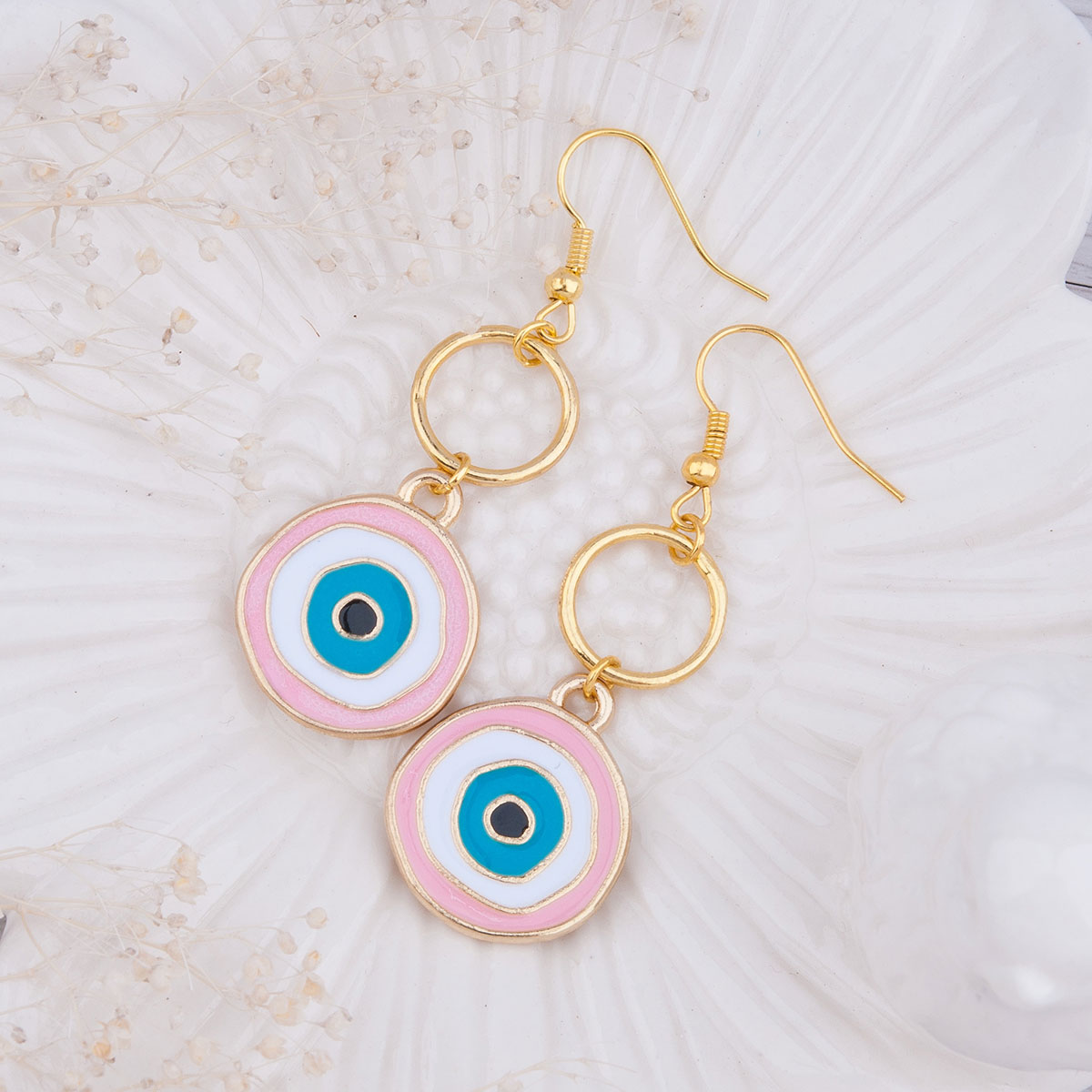 Picture of Earrings Gold Plated Multicolor Enamel Evil Eye 5.6cm(2 2/8") x 5cm(2"), Post/ Wire Size: (21 gauge), 1 Pair