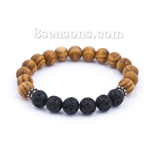 Picture of Stone Lava Natural Wood Beaded Healing Bracelet Antique Silver Color Gear Black & Brown Elastic 24.5cm(9 5/8") long, 1 Piece