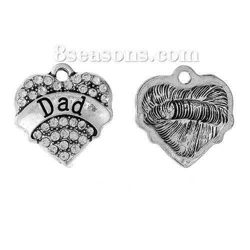 Bild von Zinklegierung Charms Herz Antiksilber Message " DAD " Transparent Strass 20mm x 19mm, 5 Stücke