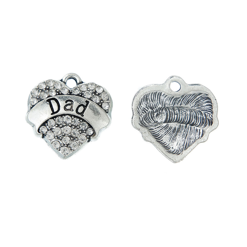 Bild von Zinklegierung Charms Herz Antiksilber Message " DAD " Transparent Strass 20mm x 19mm, 5 Stücke