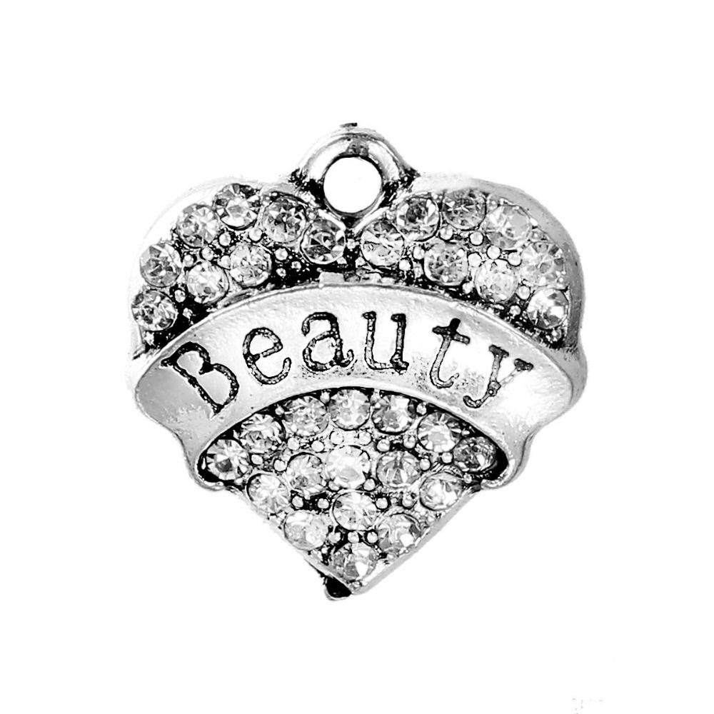 Bild von Zinklegierung Charms Herz Antiksilber Message " DAD " Transparent Strass 20mm x 19mm, 5 Stücke