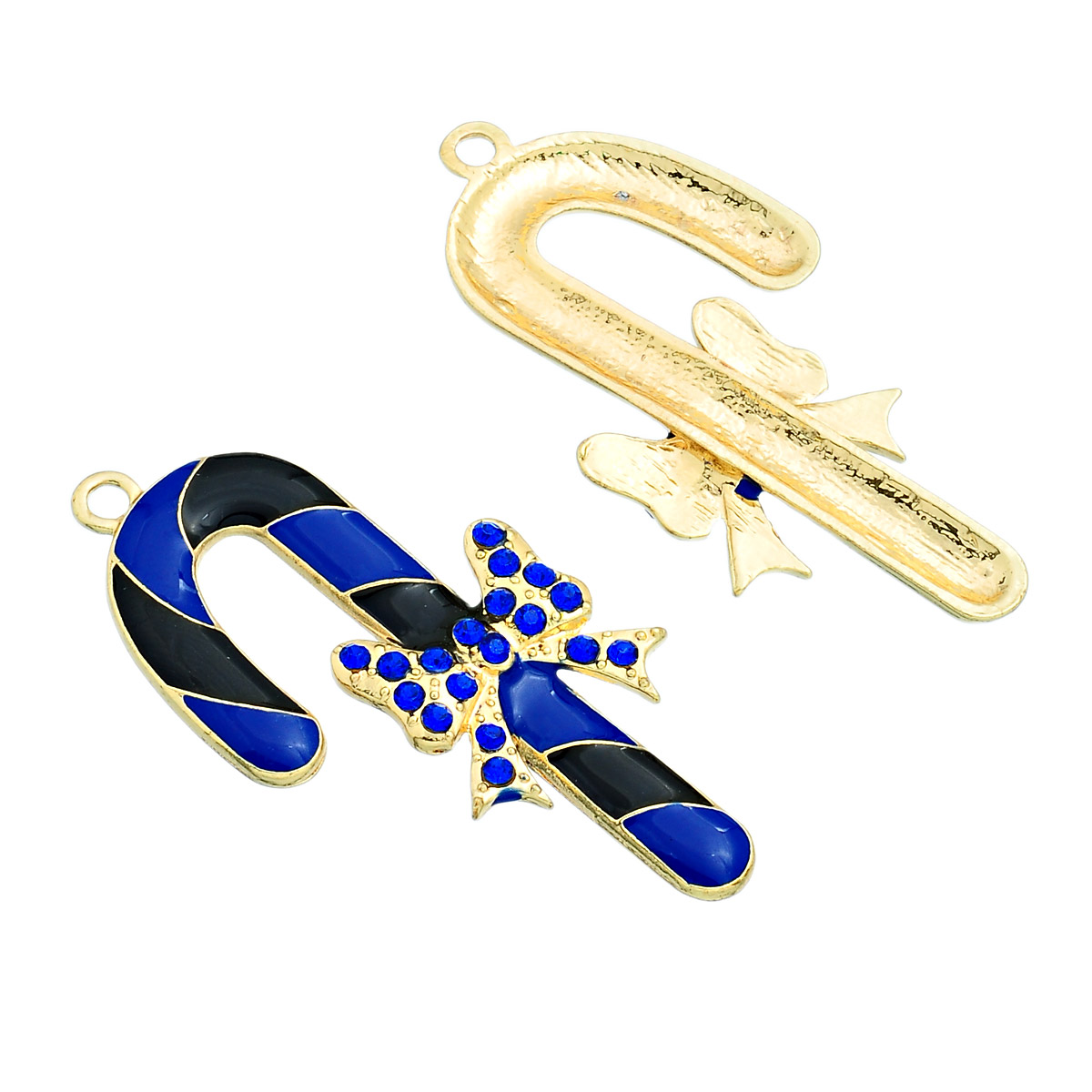 Picture of Zinc Metal Alloy Pendants Christmas Candy Cane Gold Plated Bowknot Carved Blue Rhinestone Black Enamel 6.1cm x 3.1cm(2 3/8" x 1 2/8"), 5 PCs