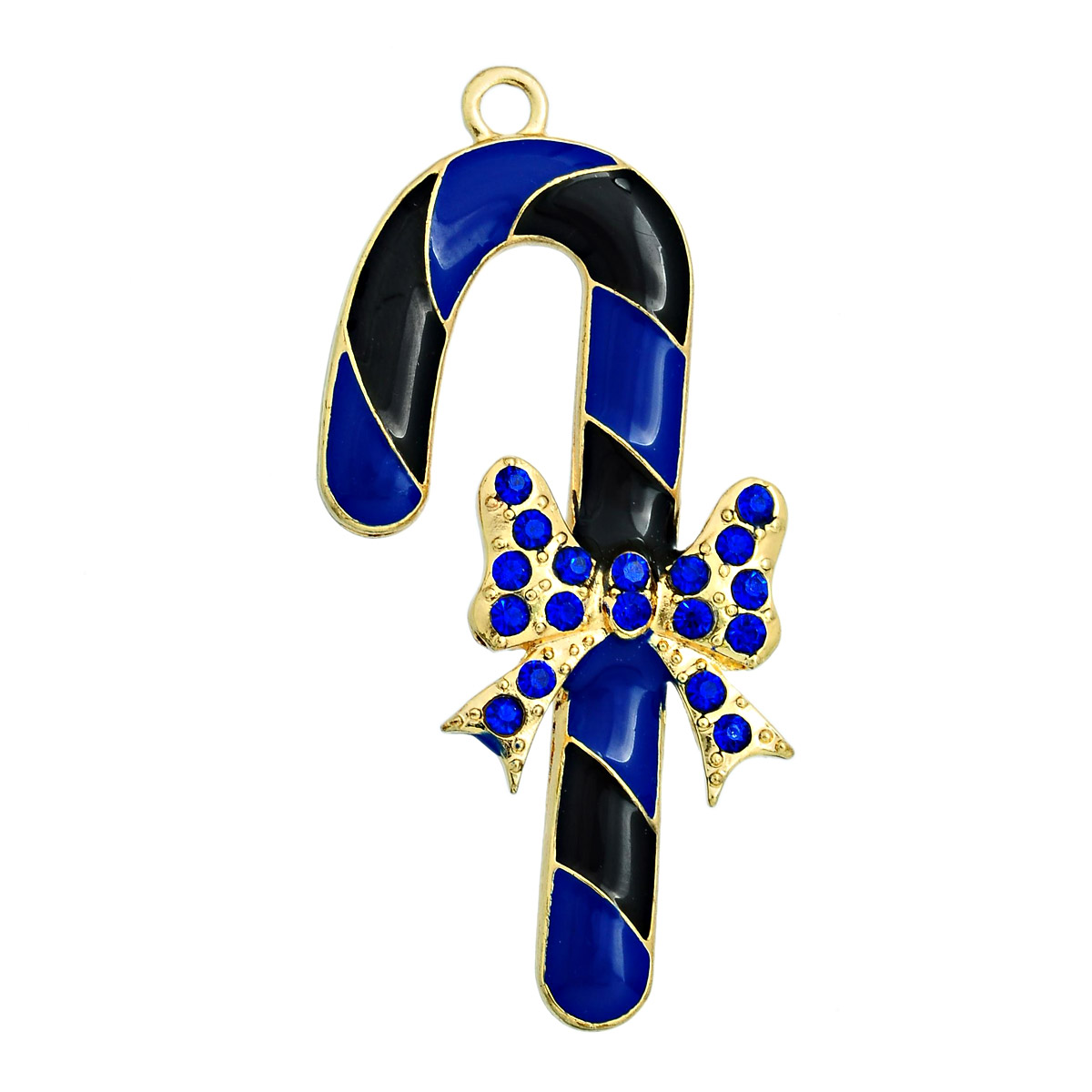 Picture of Zinc Metal Alloy Pendants Christmas Candy Cane Gold Plated Bowknot Carved Blue Rhinestone Black Enamel 6.1cm x 3.1cm(2 3/8" x 1 2/8"), 5 PCs