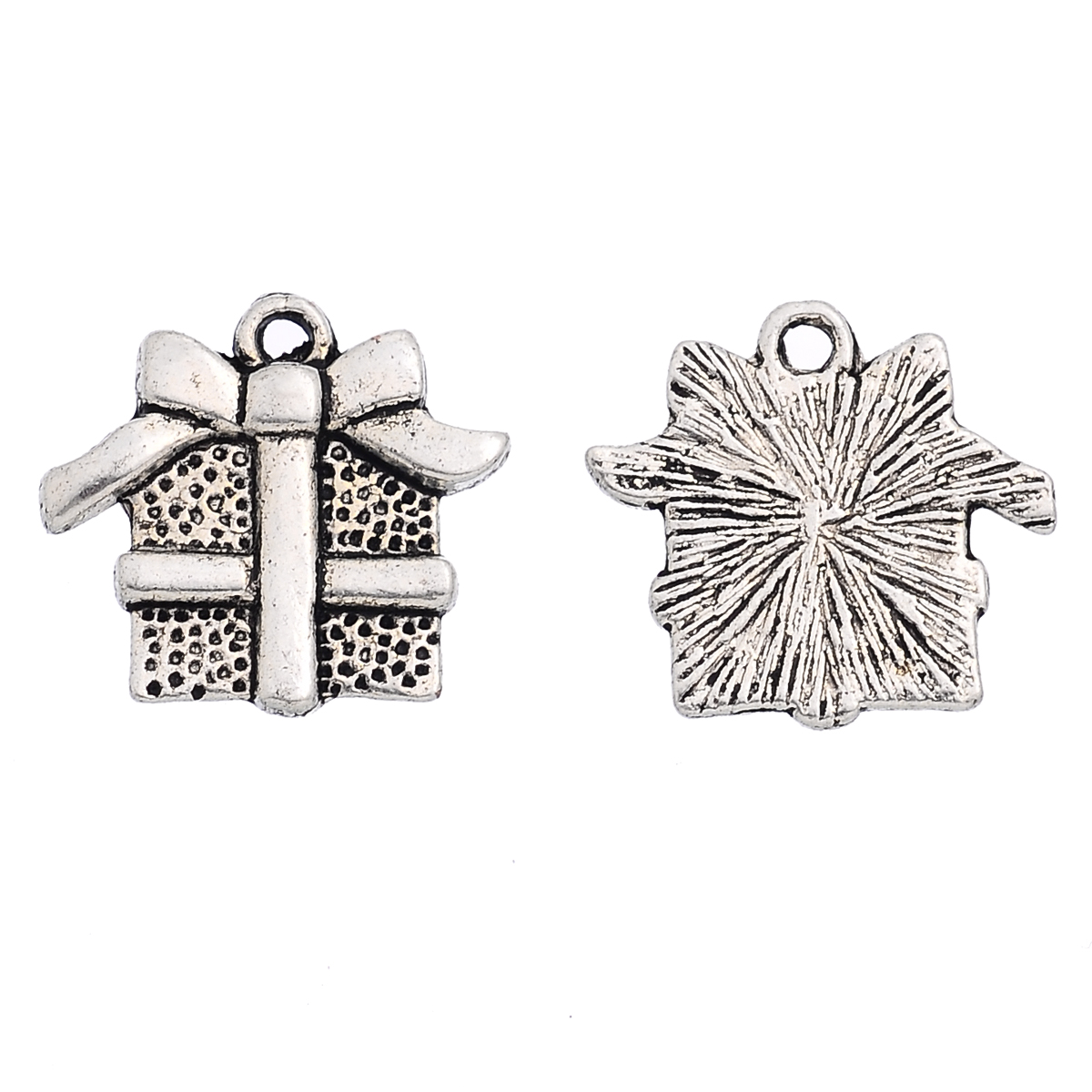 Picture of Zinc Metal Alloy Charm Pendants Christmas Gift Box Antique Silver Color 15mm(5/8") x 16mm(5/8"), 30 PCs