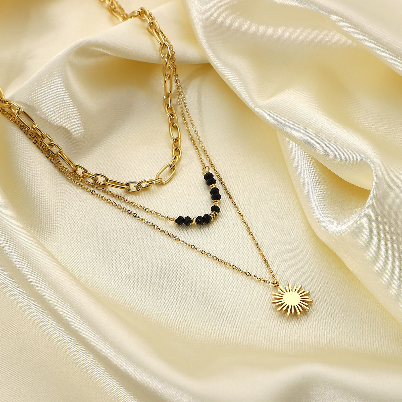 Picture of Eco-friendly Stylish Galaxy 14K Gold Plated Black 304 Stainless Steel Link Cable Chain Sun Multilayer Layered Necklace For Women Party 47cm(18 4/8") long, 1 Piece