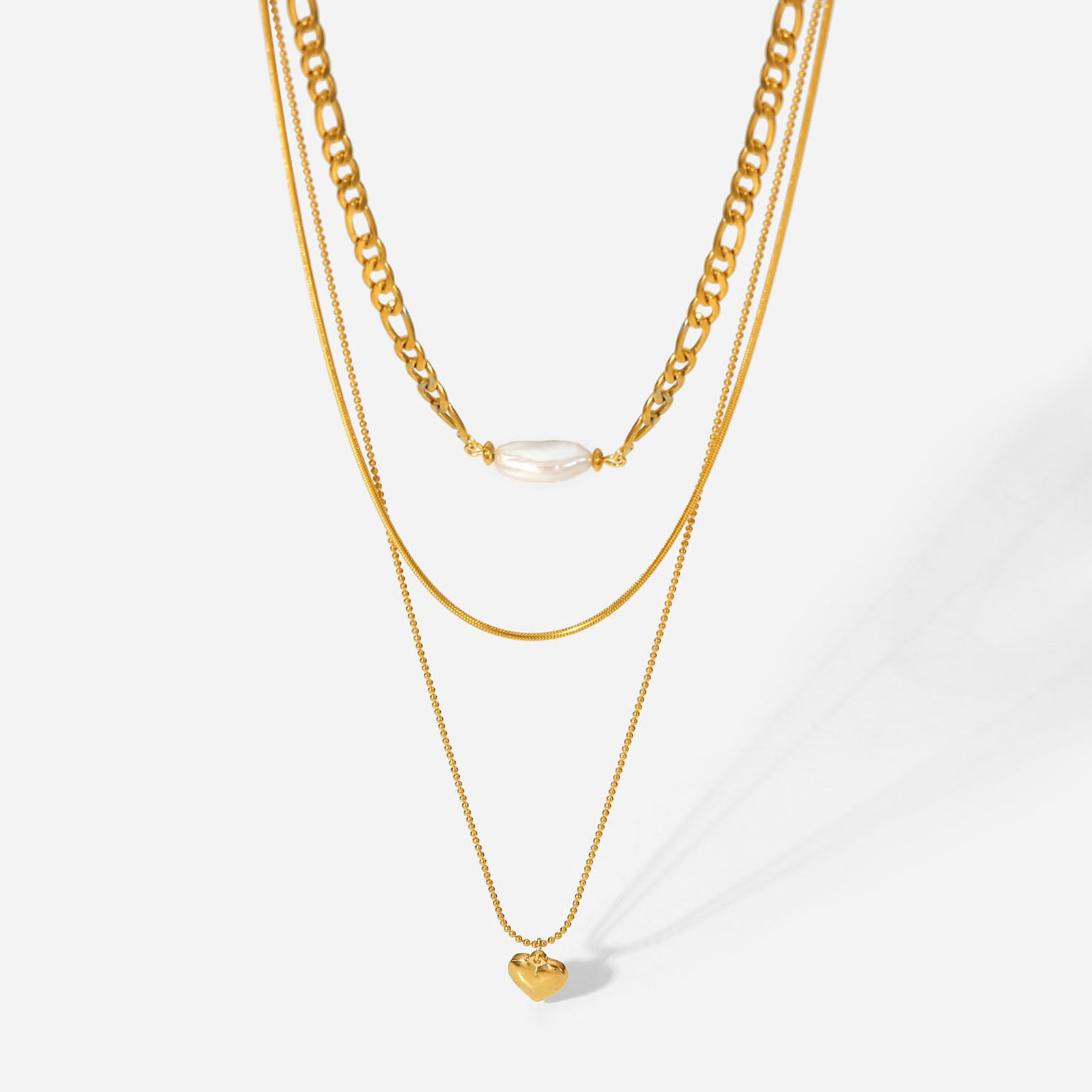 Picture of 1 Piece Vacuum Plating Stainless Steel Multilayer Layered Necklace 18K Real Gold Plated Heart Imitation Pearl 35.5cm(14") long