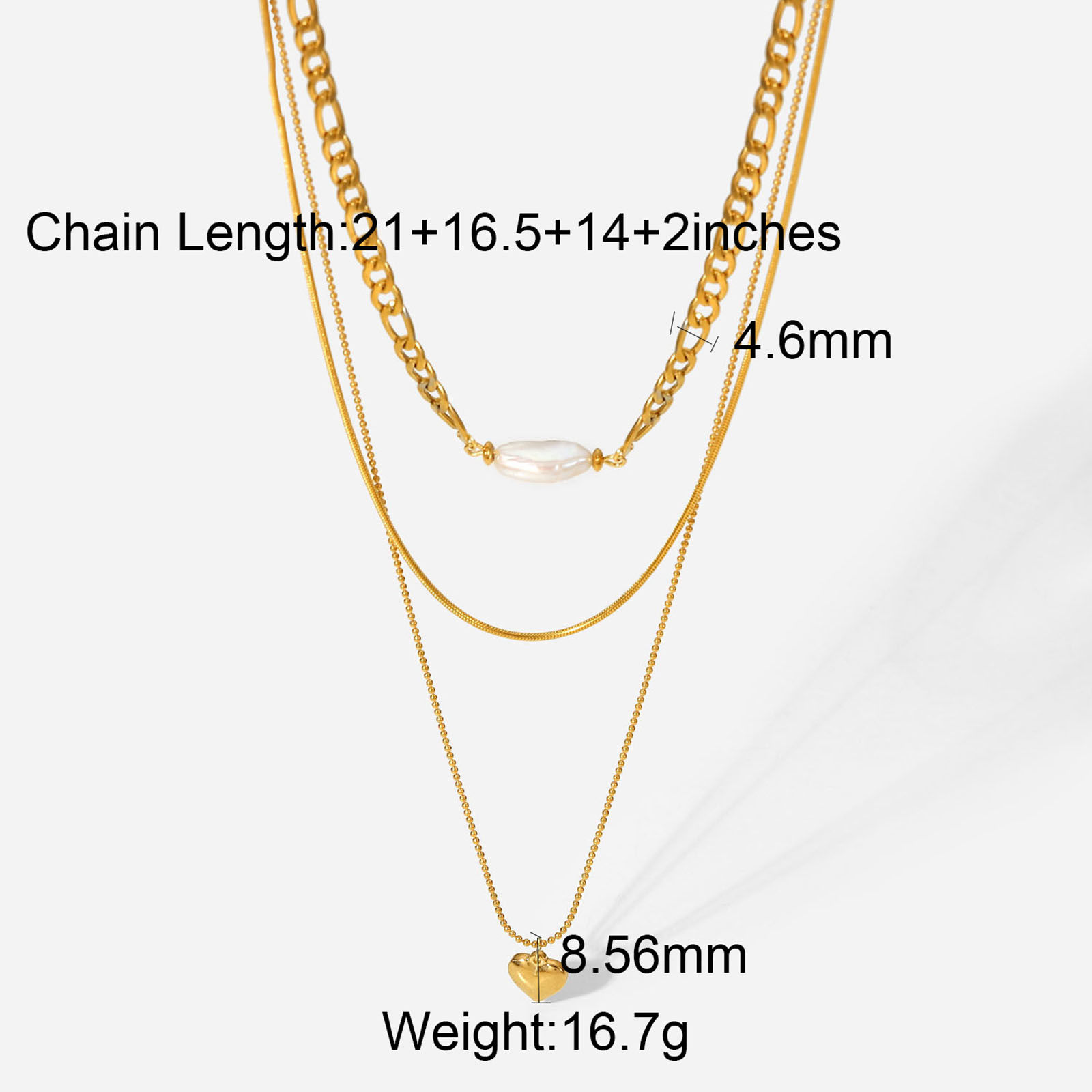 Picture of 1 Piece Vacuum Plating Stainless Steel Multilayer Layered Necklace 18K Real Gold Plated Heart Imitation Pearl 35.5cm(14") long