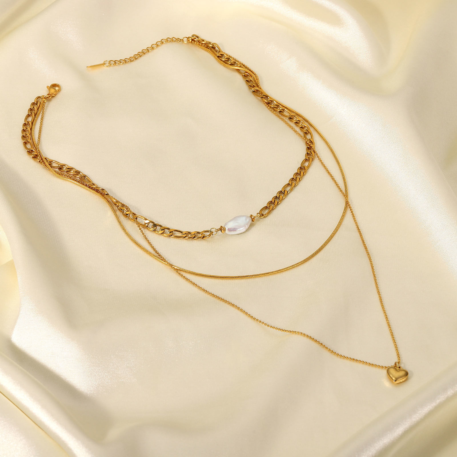 Picture of 1 Piece Vacuum Plating Stainless Steel Multilayer Layered Necklace 18K Real Gold Plated Heart Imitation Pearl 35.5cm(14") long