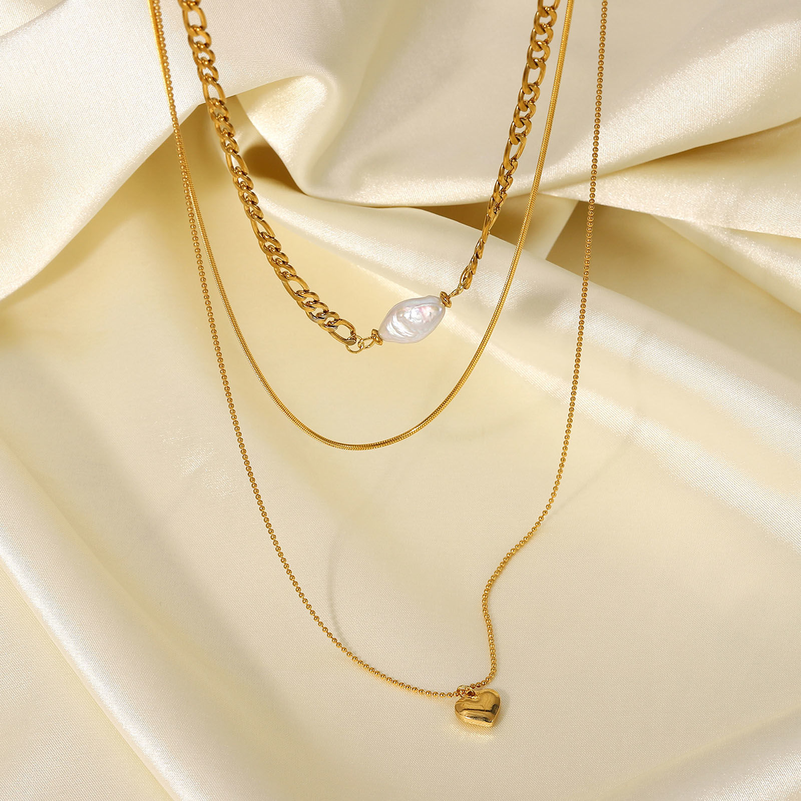 Picture of 1 Piece Vacuum Plating Stainless Steel Multilayer Layered Necklace 18K Real Gold Plated Heart Imitation Pearl 35.5cm(14") long