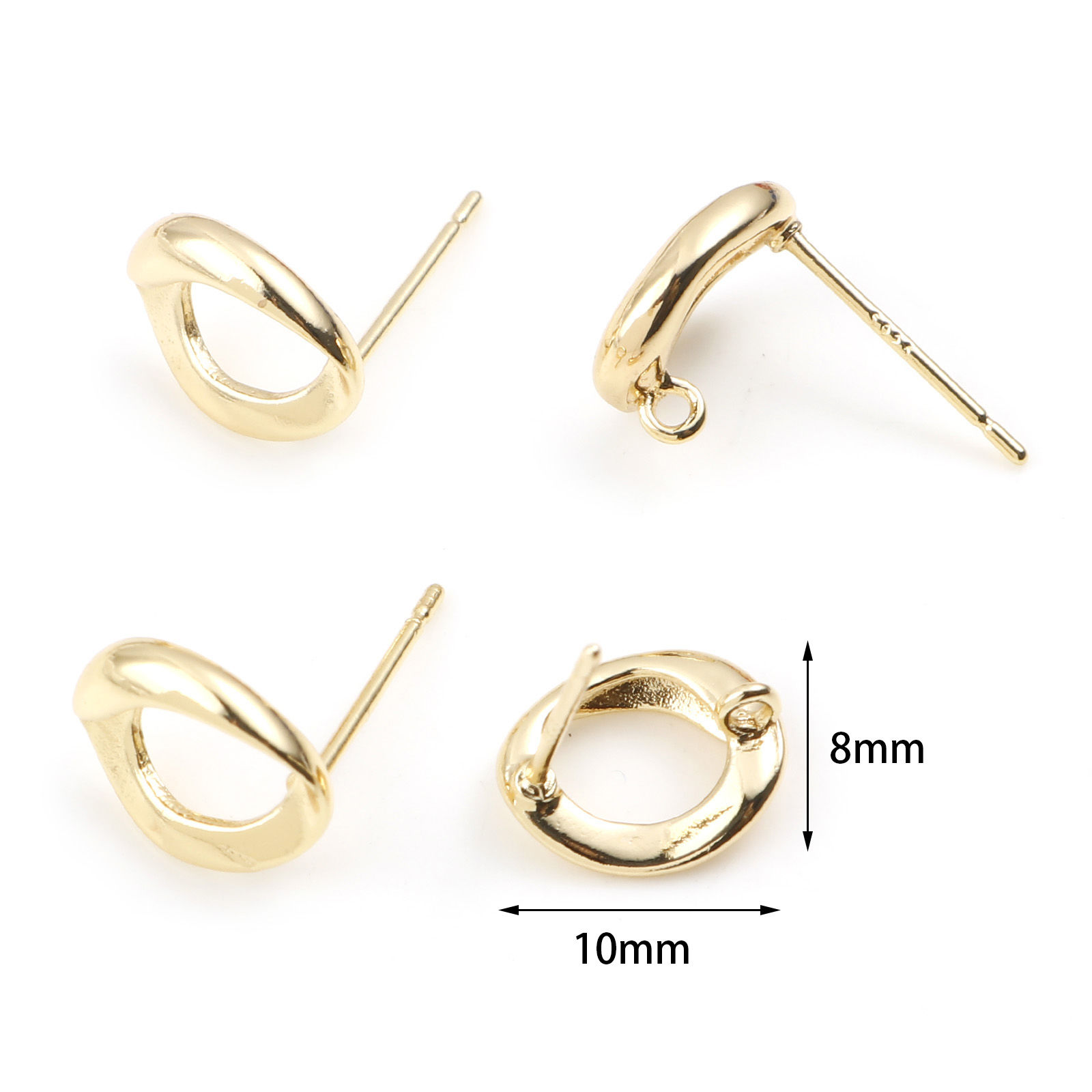 Picture of Brass Earring Accessories Real Gold Plated Geometric Oval W/ Loop 10mm x 8mm, Post/ Wire Size: (21 gauge), 2 PCs
