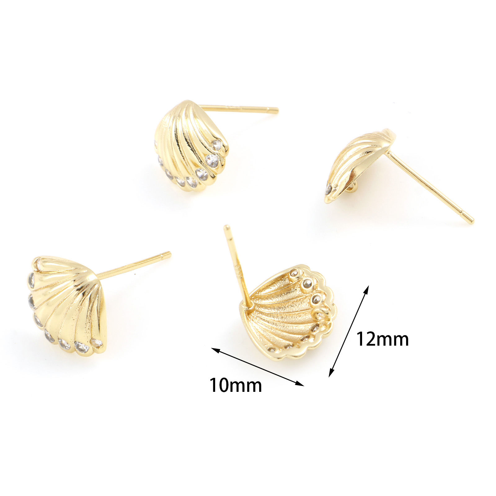 Imagen de 2 Unidades Latón Pendientes de Poste de Oreja Oro Real Chapado Concha Claro Circón Artificial Con Lazo 12mm x 10mm, Tama?o del Poste/Cable: 0.7mm(21 gauge)