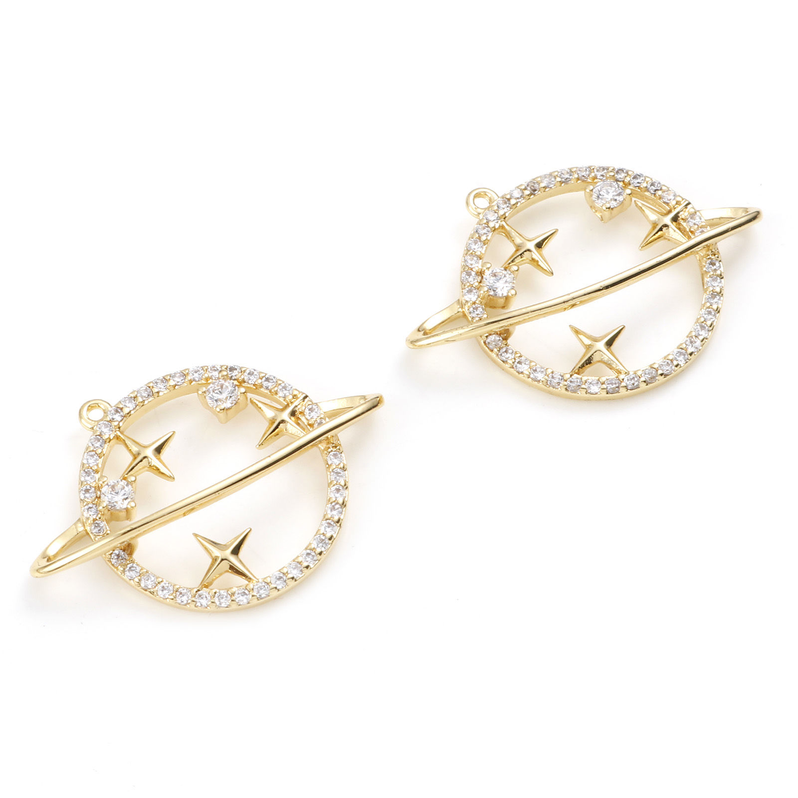 Imagen de Latón Micro Pave Colgantes Charms Estrella Oro Real Chapado Universo Planeta Claro Circón Artificial 22mm x 18mm, 1 Unidad