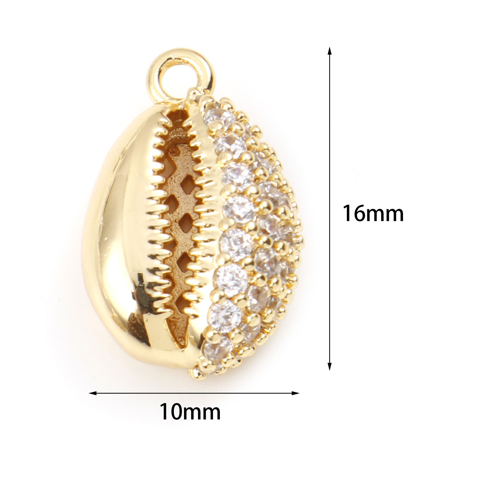 Imagen de Latón Micro Pave Colgantes Charms Concha Oro Real Chapado Claro Circón Artificial 16mm x 10mm, 1 Unidad